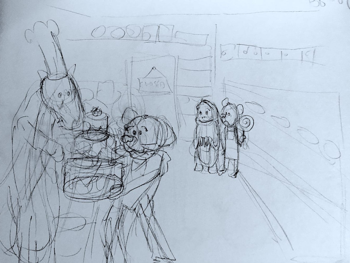 Percy accepting a huge, three-layer from a baker standing behind a counter at a bakery. In the background, a sloth and bear watch, stunned.