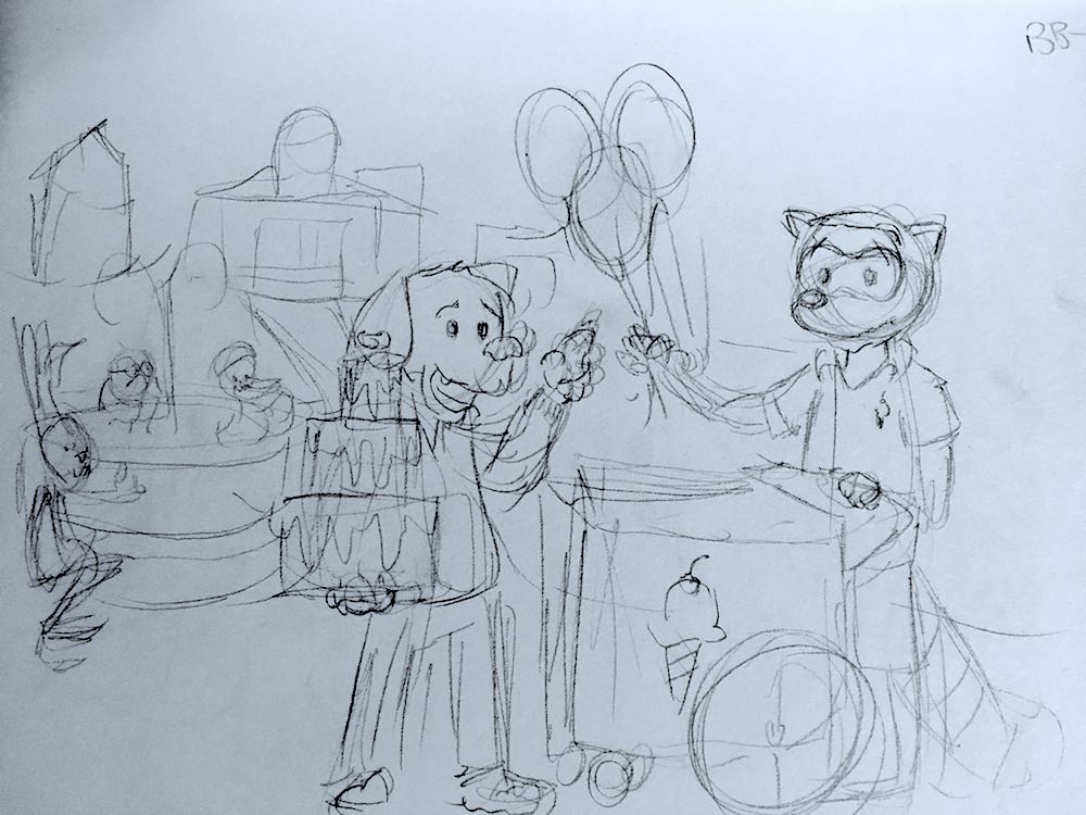 Percy, with the cake, asking a raccoon for his bundle of balloons in the park. In the background, a rabbit doing deep knee bends, talking to a frog and duck that are bathing in a fountain.