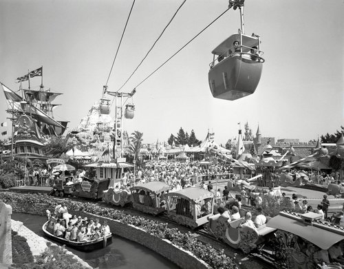 A particularly dynamic view of Disneyland a few years after opening.