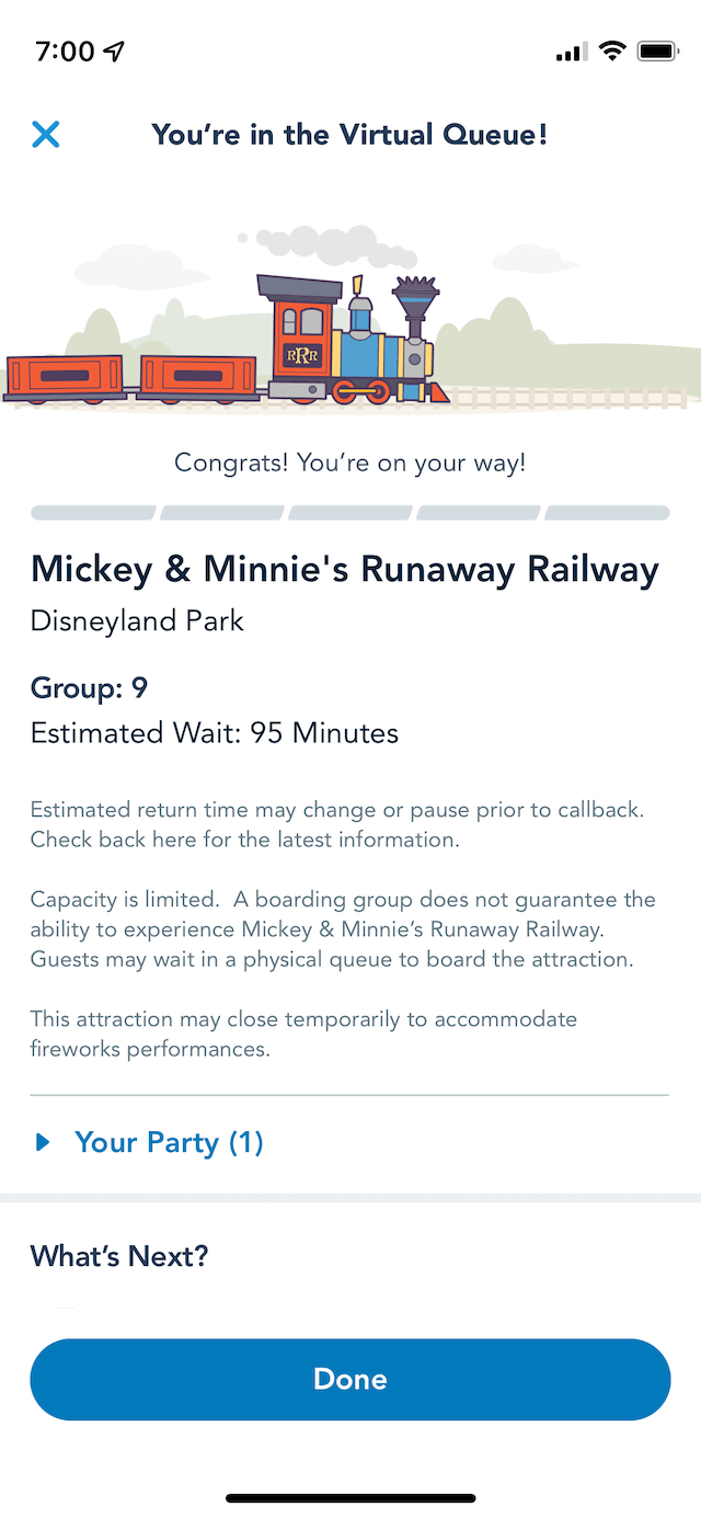 A screenshot from my phone of the Disneyland app, showing my place in the virtual queue at 7am—Group 9.