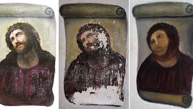 Ecce Homo in three states: original, deteriorated, repainted