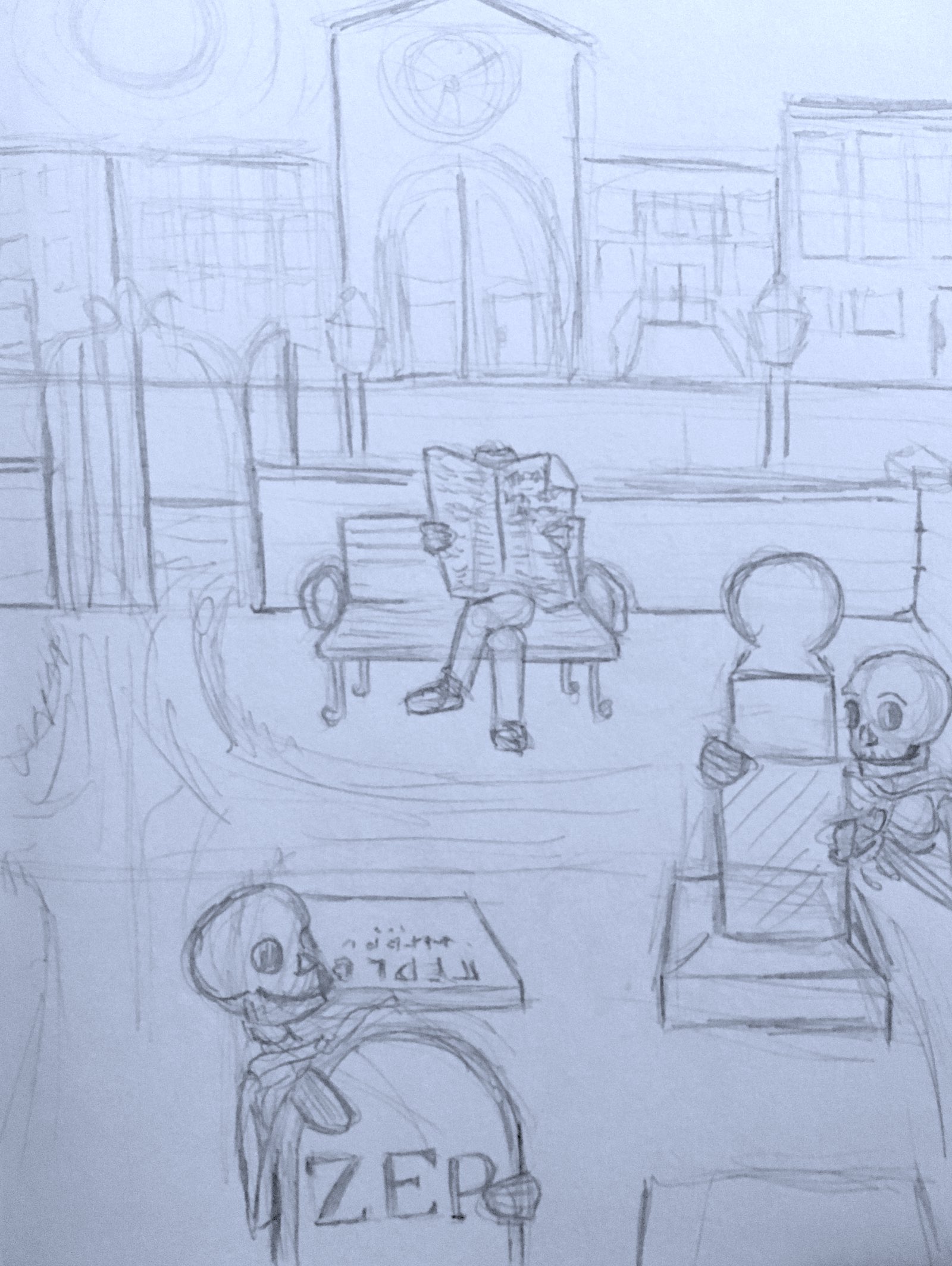 A sketch of scene 1, featuring a human reading a newspaper