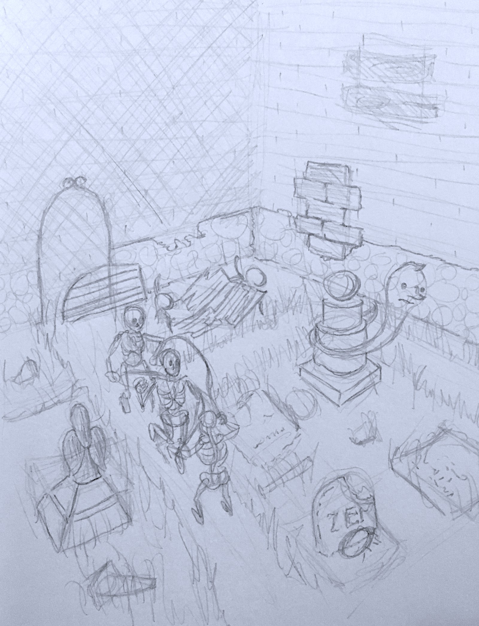 A sketch of scene 2, featuring skeletons jumping rope