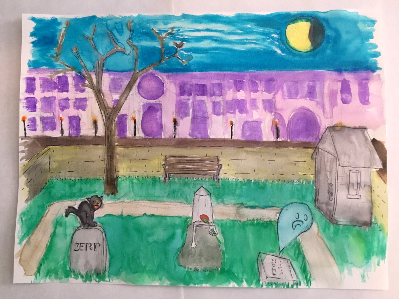 A watercolor painting of a graveyard in 1816, with a small ghost and a skeleton hand emerging from a fresh grave