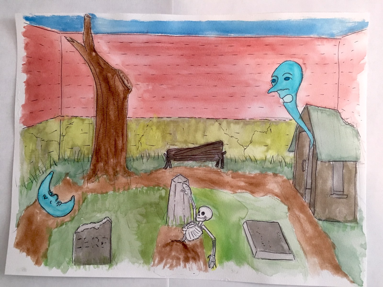 A watercolor paint of the previously-pictured graveyard 100 years later, with two larger ghosts and that same skeleton now halfway out of the ground