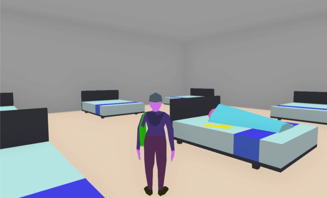 A screenshot of a 3D video game. We're looking at the back of a character wearing a hoodie and baseball cap, tote bag slung over their arm, as they consider a sprawling selection of mattresses for sale. There seems to be somebody sleeping on one of them.