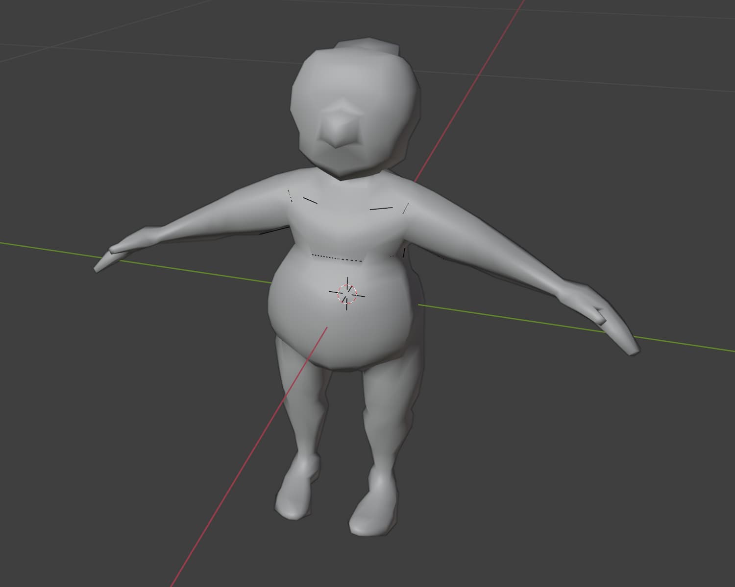 A screenshot of a lumpy human-like figure, rendered in a matte gray in 3D modeling software
