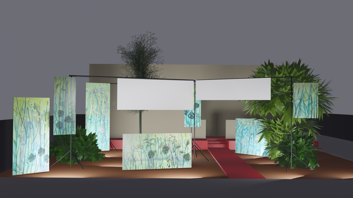 A 3D render of my yard with placeholder foliage and a lot of large stretched canvases painted with jungle foliage