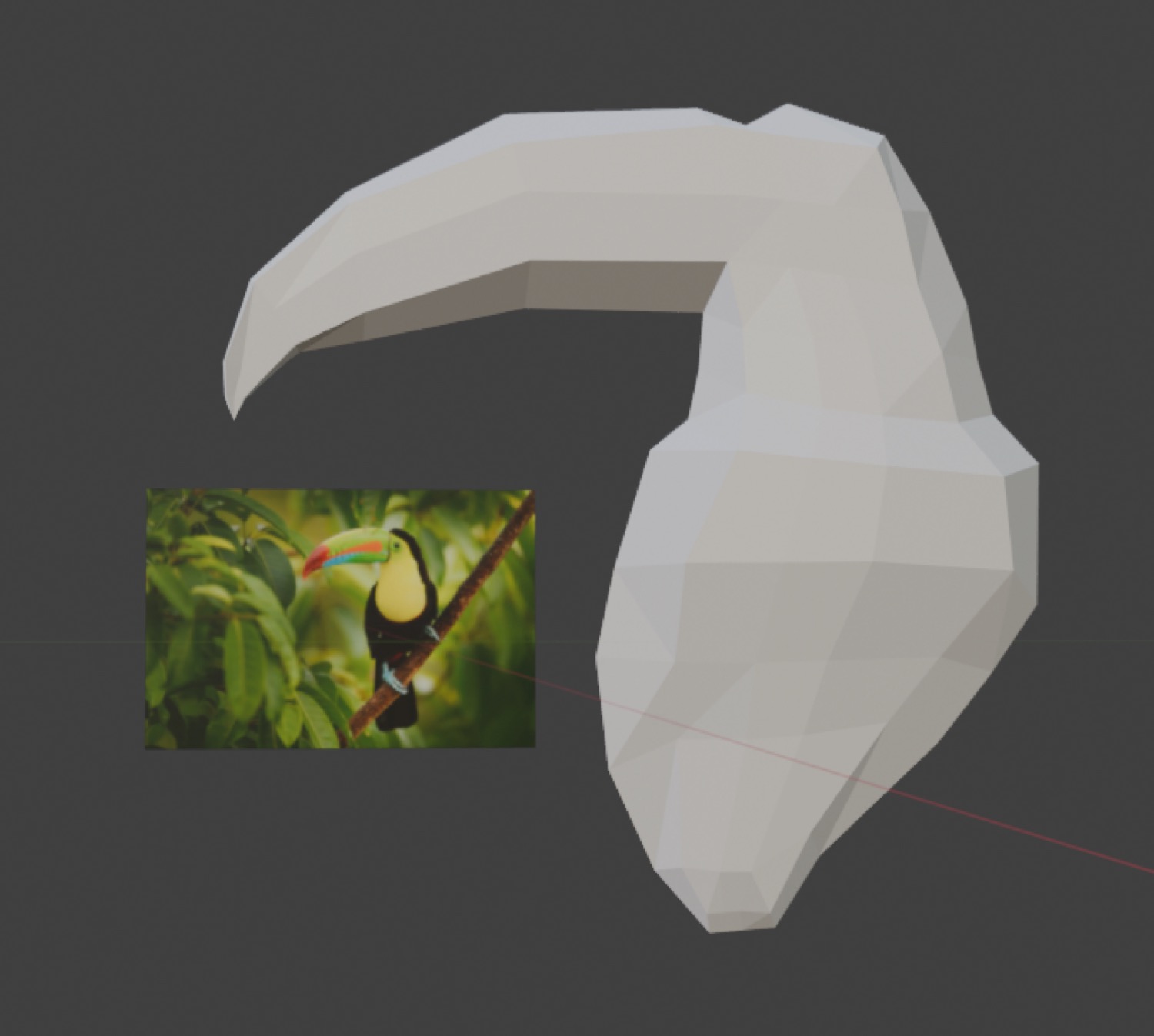 A screenshot of a 3D model of a toucan, matte grey and featureless. In the background there is a reference photo that resembles the form.