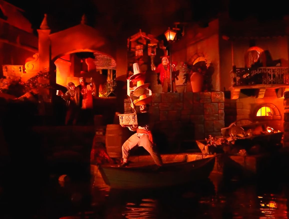 A scene from Pirates of the Caribbean: three pirates are standing at different elevations, one boarding a rowboat in the foreground with two others skulking about on parapets