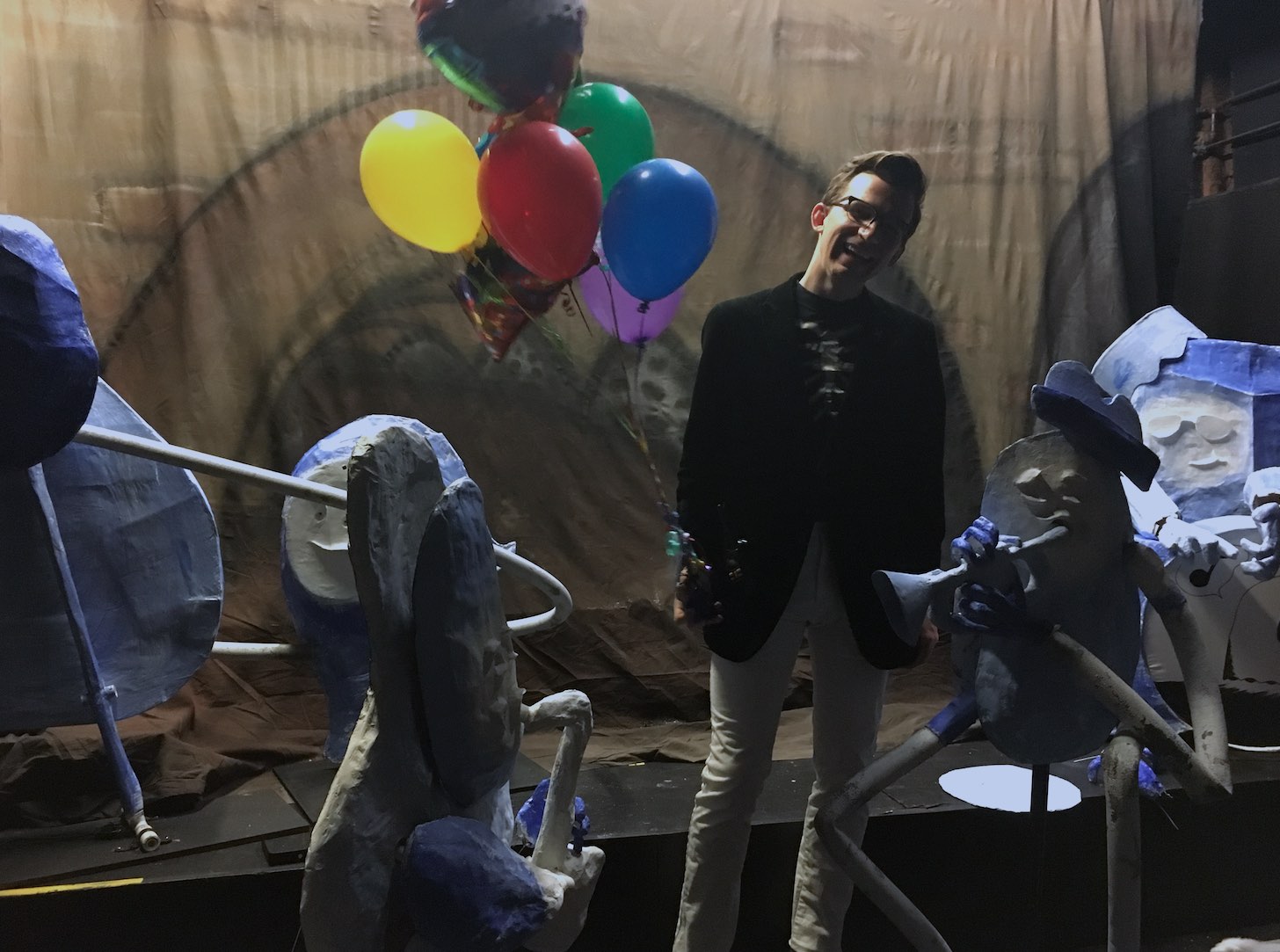 Me, with balloons, on set at Graveyard Swing 2016