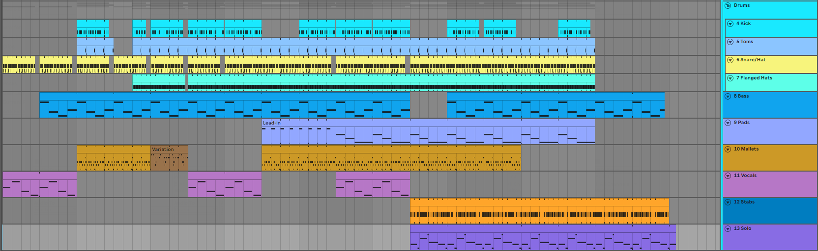 A screenshot of a timeline in Ableton Live showing half a dozen tracks with mostly short, repetitive clips that come in and out at regular intervals
