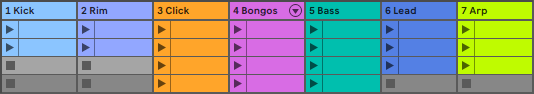 A screenshot from Ableton Live showing 7 tracks with 2-4 clips per track