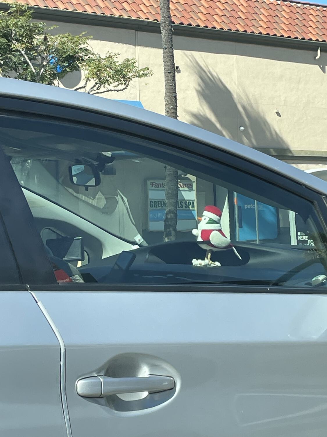 A toy bird dressed in a Santa costume on the dashboard of a car, as seen from a neighboring car