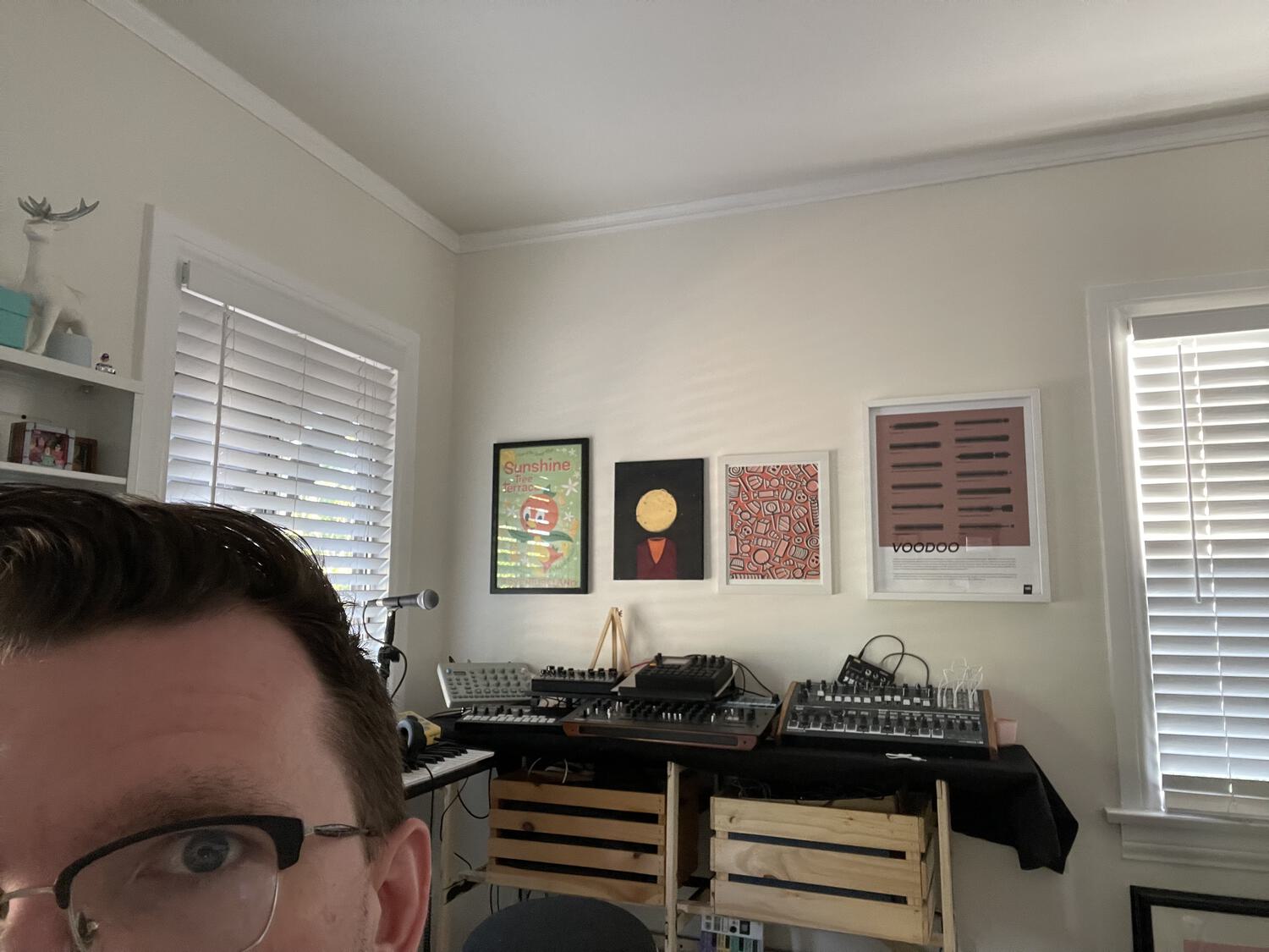 A selfie focused on the wall over my shoulder, where various prints and paintings are framed and mounted