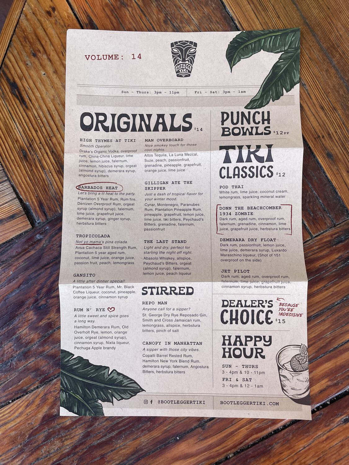 A long menu of tiki cocktails