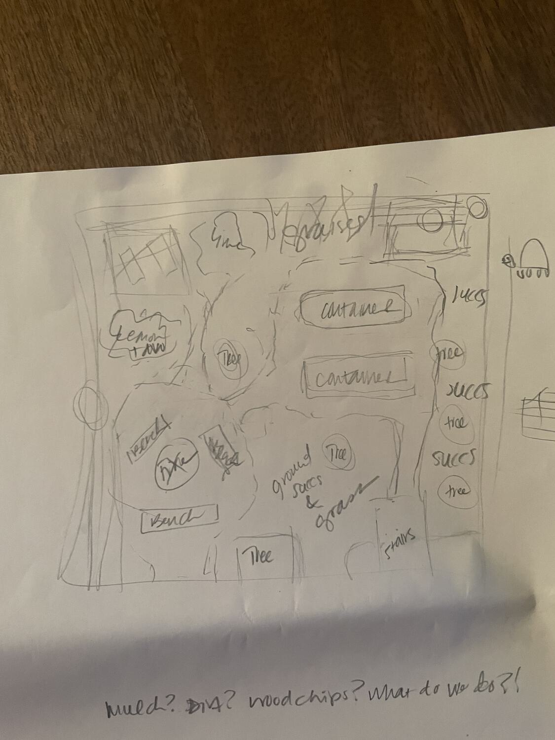 A crude drawing of a complicated landscape design featuring a deck, a fire pit, container gardens, plant beds, and more