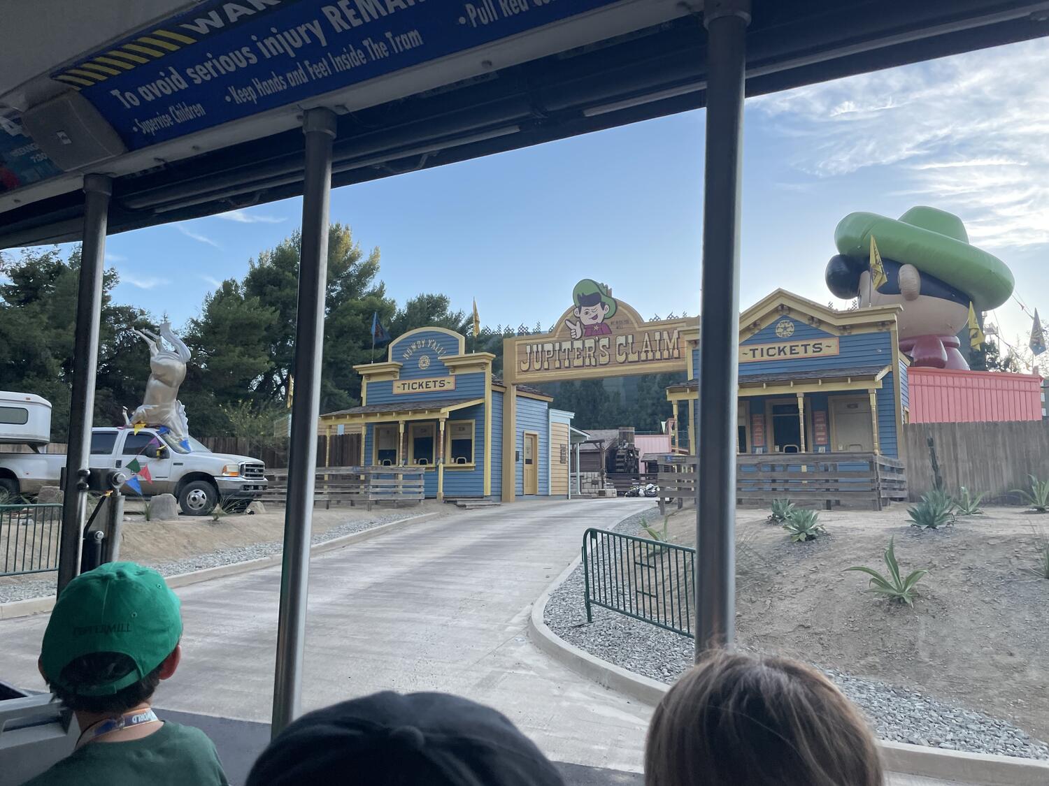 The set of Jupiter's Claim, a faux themed Western town, as seen from an approach tram car.