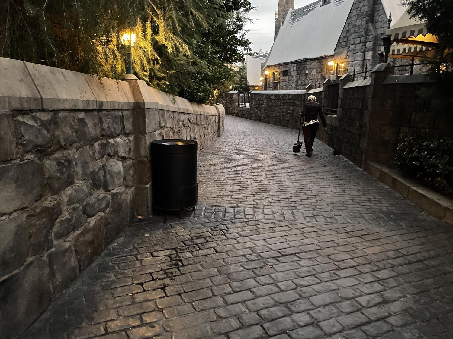 A quiet cobblestone street. The snowy roofs of Hogsmeade are approaching in the distance.