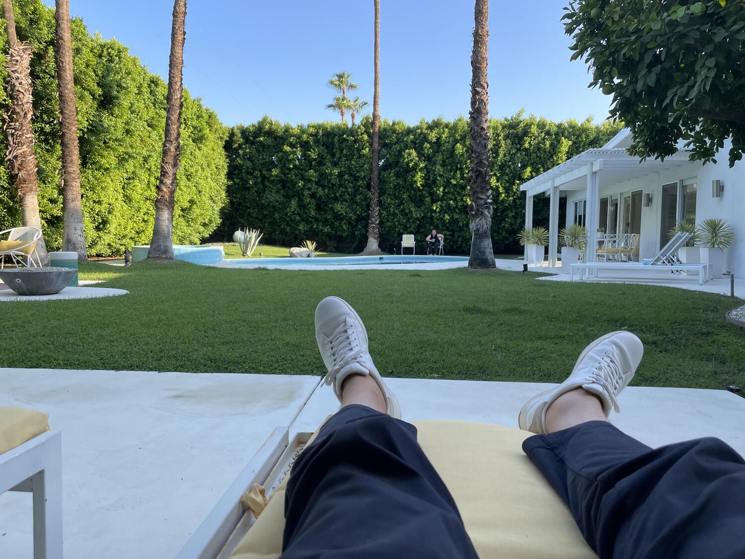 A beautiful Palm Springs backyard, complete with a bright green lawn and a gleaming pool. I'm lying on a chaise lounge and you can see my legs extending outward from the bottom of the frame. I have long pants and sneakers on, which is kind of funny for the setting.