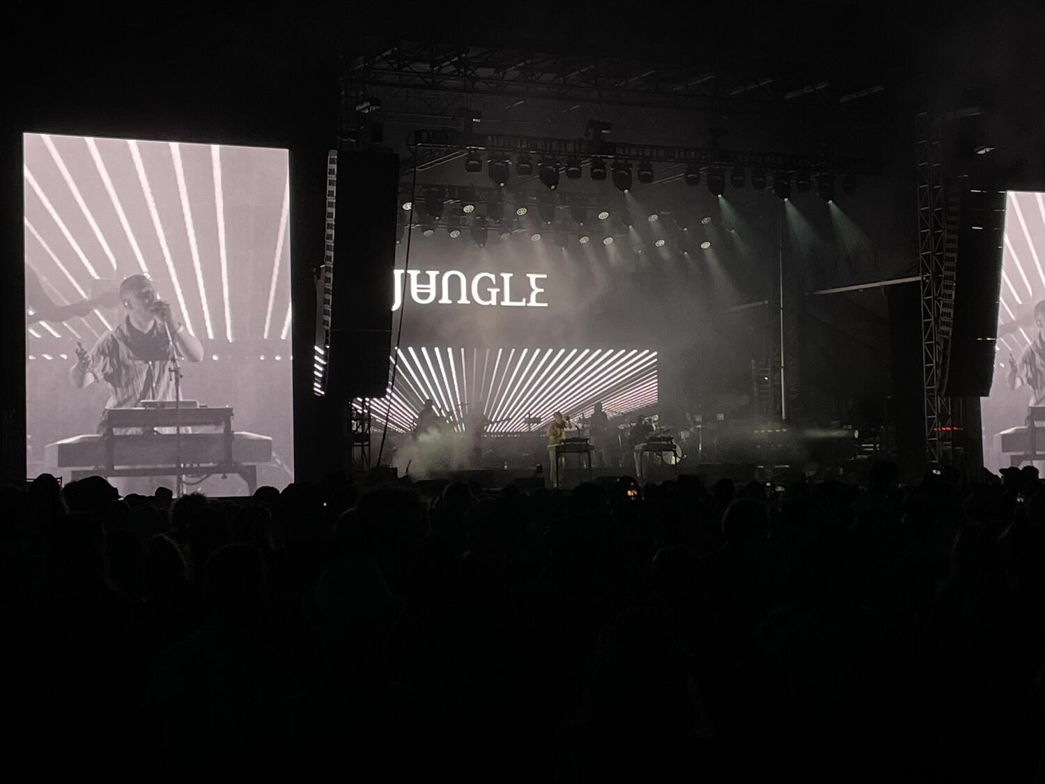 Jungle on stage, from a distance. They're all spread out all over the stage, their logo is big and lit up above them, and on one side of the stage we see a big video screen showing one of the performers close up, singing