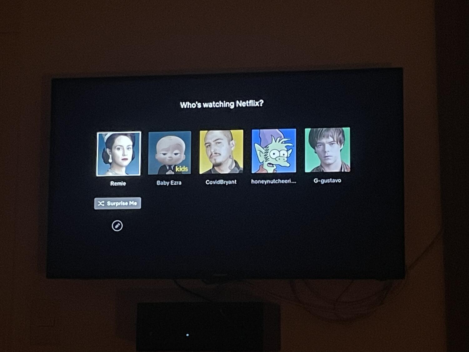 It's the Netflix profile screen with five different faces, including the Boss Baby icon for “Baby Ezra”