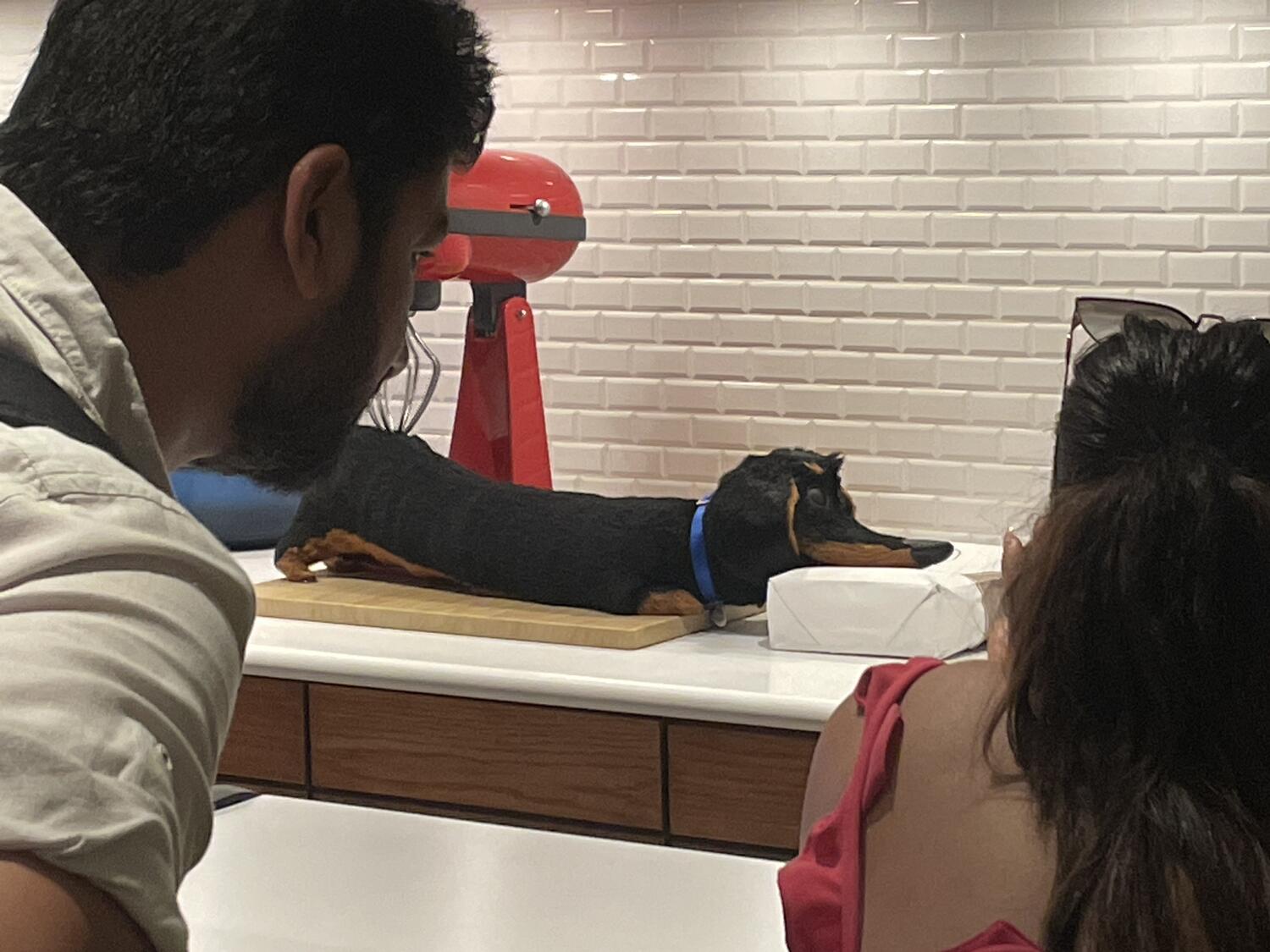 An animatronic dachsund getting its butt massaged by a stand mixer. Two people watch it in the foreground.