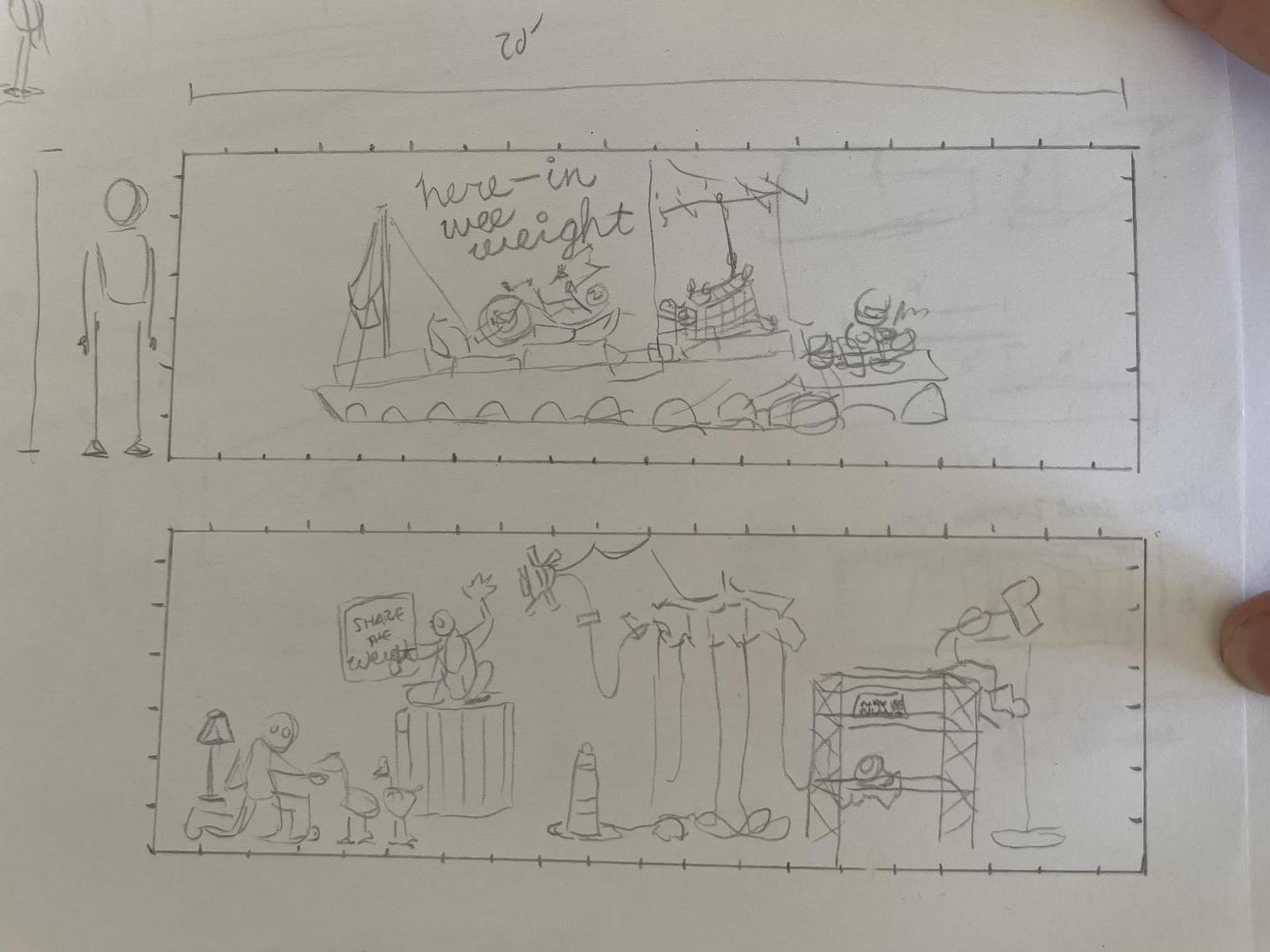 A pretty simple pencil sketch—two long rectangles and a human figure that's about the same height as the rectangles. They're marked as 20 feet long. One of them shows a makeshift barge with a radio antenna, a mast and sail, and an upturned grocery cart. The other is more chaotic, with a person feeding ducks, someone else painting a sign, bundles of extension cords taped to the wall and spread all around, and someone sitting at the top of some scaffolding and pouring water out of a boot.