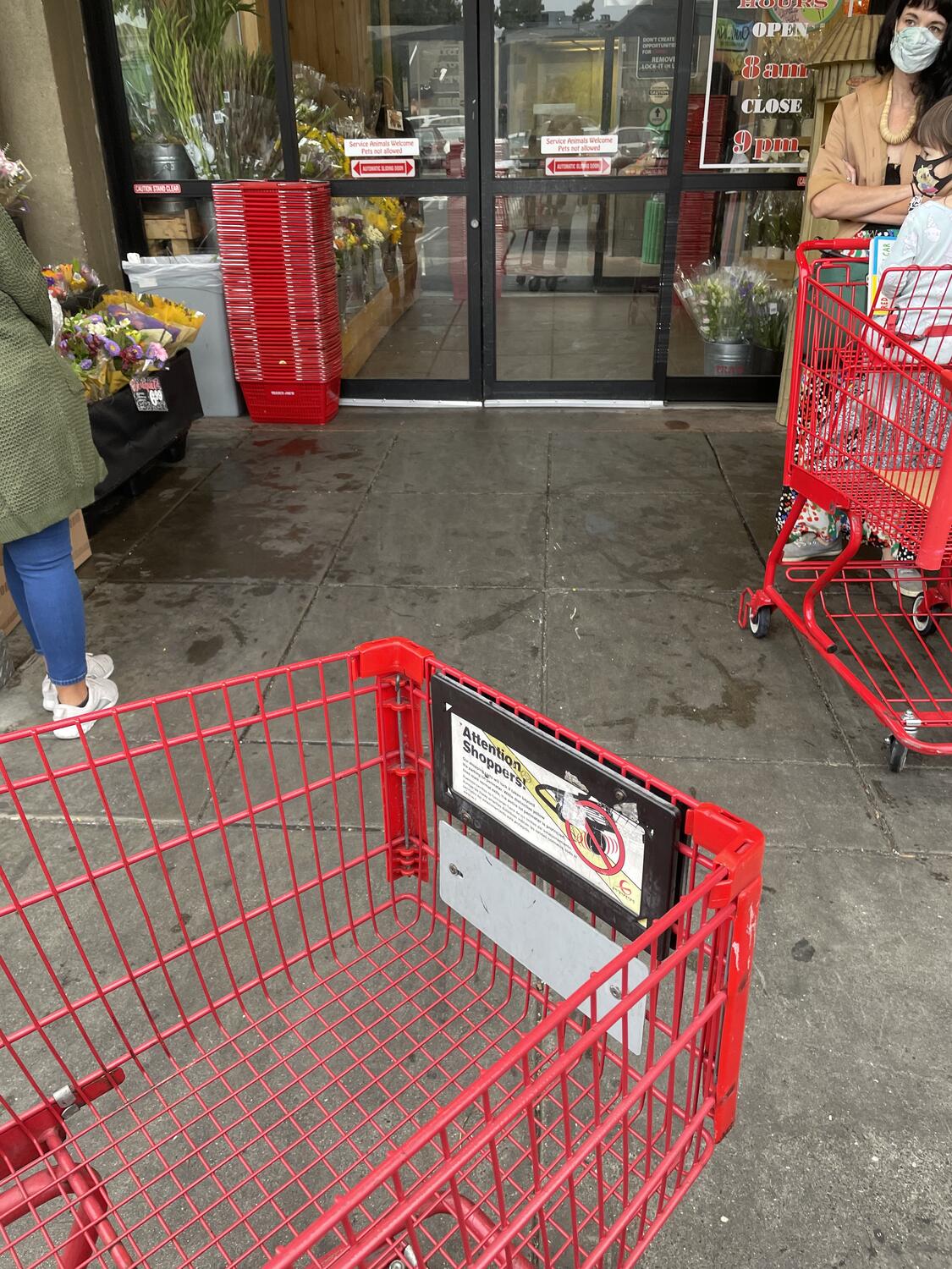 A first-person view of a shopping card outside of the automatic doors for a grocer store. Others with carts are also milling about, waiting for opening