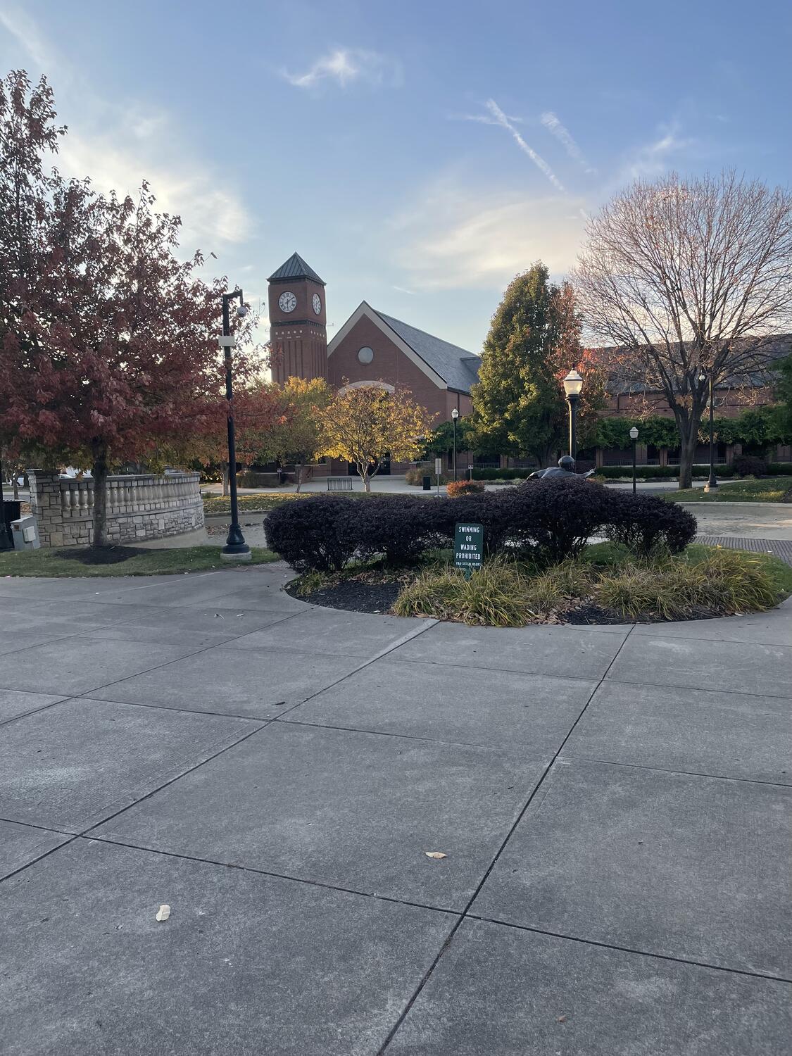 A paved plaza with little bushes and railing. In the background is a tall clock tower attached to a nice brick building.