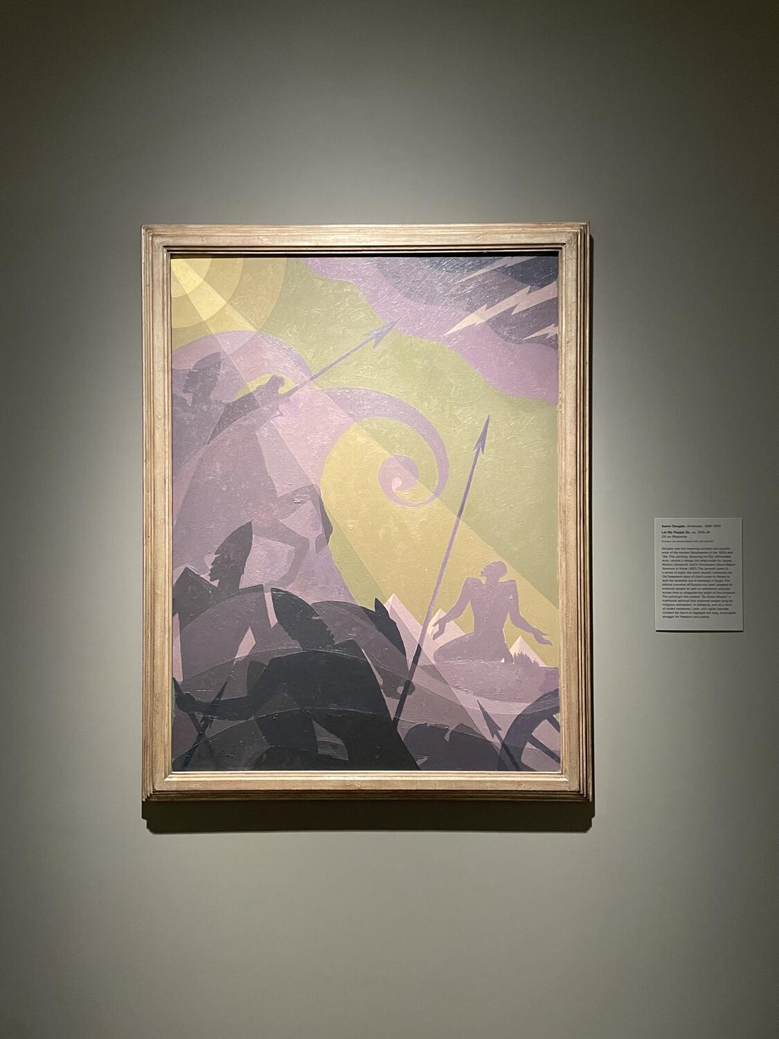 An abstract painting in pastel purples and greens. Wispy waves or clouds descending on a small figure in the background illuminated by a beam of light from the top-left corner of the frame. Imposing figures in pointed helmets on horseback with spears appear to be descending on the lone figure.
