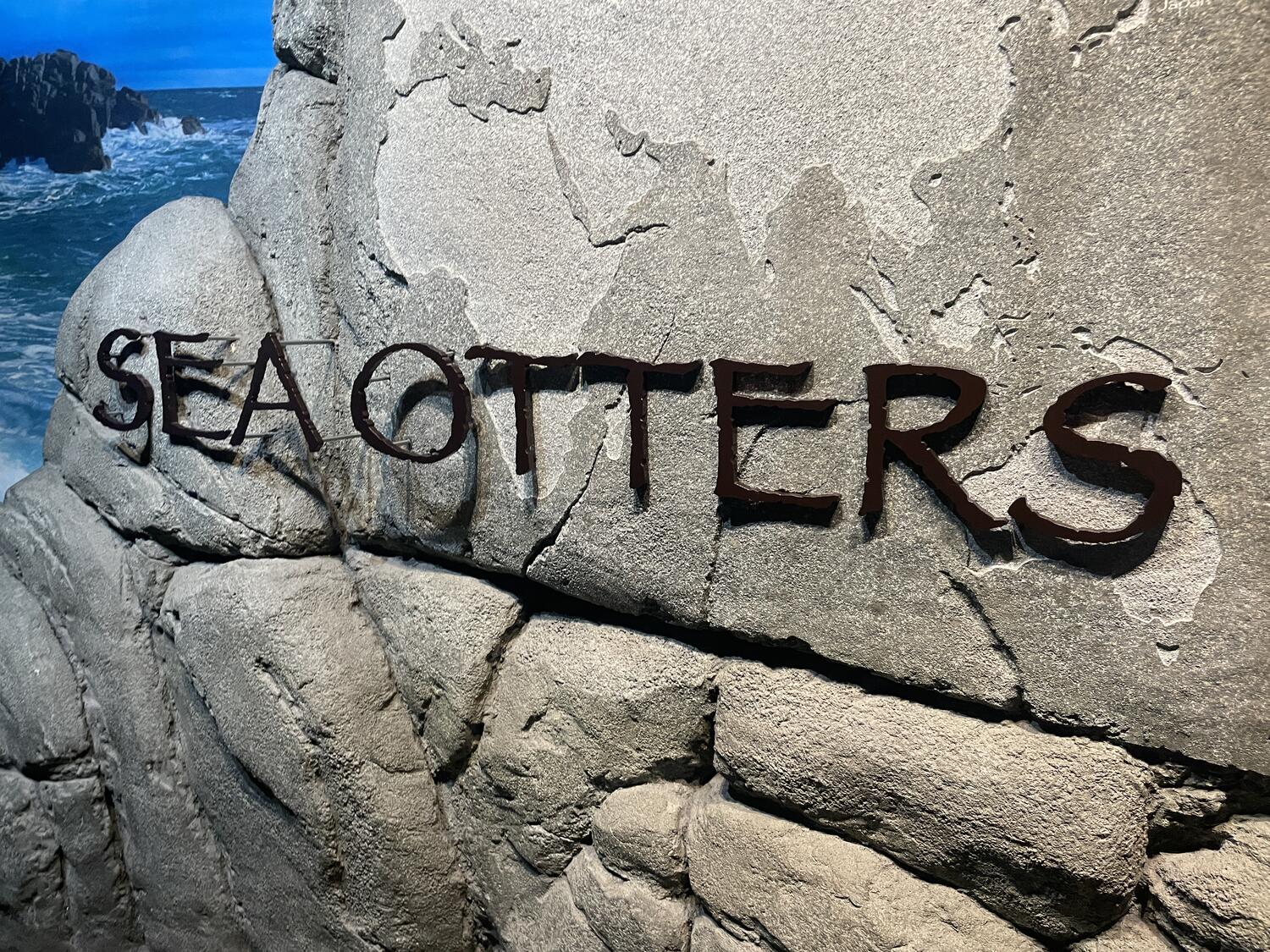 A display that reads SEA OTTERS on some fake rocks