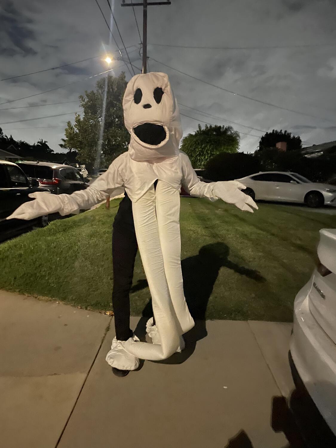 A photo of me posing in a costume. It’s a white ghost with a big head and long curvy legs that stretch out from my chest to my feet but are doing their own thing on the way down.