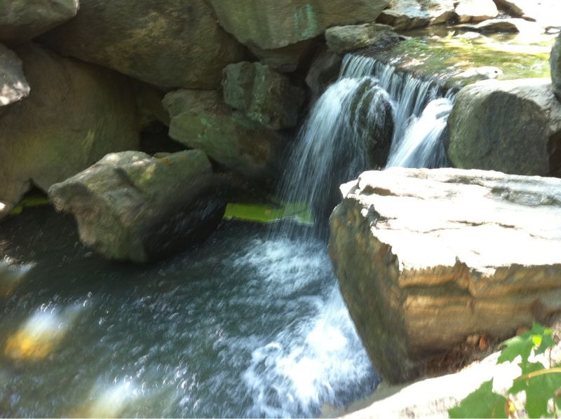 A modest waterfall surrounded by and created by craggy boulders