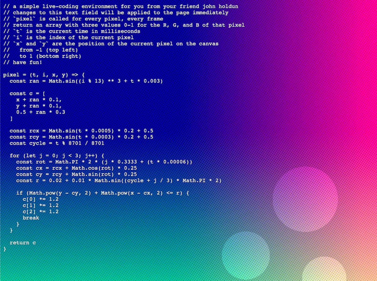 A screenshot of abstract visuals with the code that generated those visuals overlaid in the corner